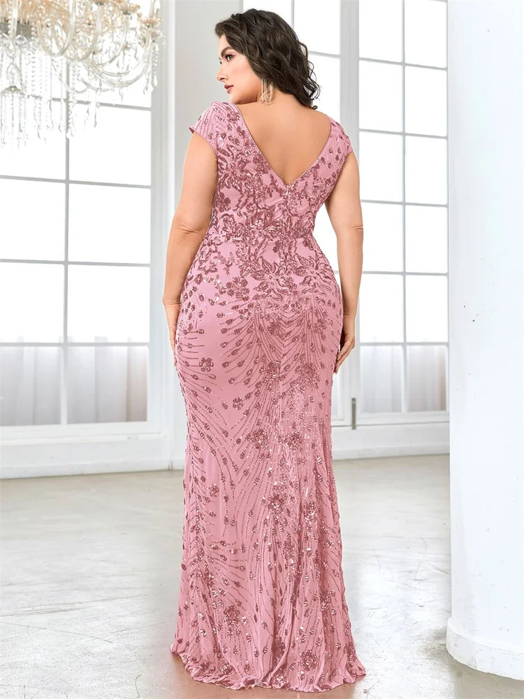 XUIBOL Plus Size  Elegant Sequin Evening Dress Long 2024 Women Mermaid Formal Deep V-neck Prom Luxury Wedding Party Dresses