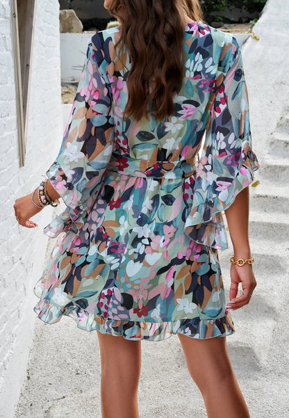 Spring Summer New Women Dress Fashion Elegant Printed Strappy Lace-Up V-neck Fairy Skirt Female Girls Gathering Party Date Dress