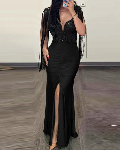 Womens Dresses 2024 Summer Fashion Contrast Sequin Ruched Slit Tassel Design Sexy Plunge Short Sleeve Skinny Maxi Evening Dress