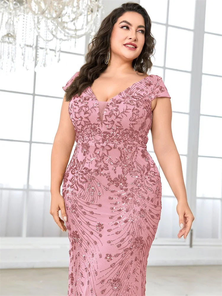 XUIBOL Plus Size  Elegant Sequin Evening Dress Long 2024 Women Mermaid Formal Deep V-neck Prom Luxury Wedding Party Dresses