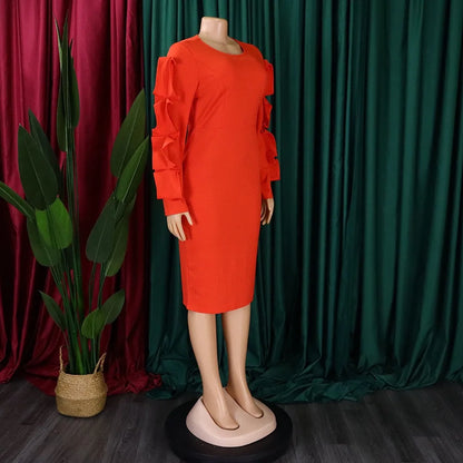 Elegant Office Dresses for Woman 2024 New O Neck Petal Sleeve Sheath Package Hips Mid Calf Formal Business Work Wear Dress Midi