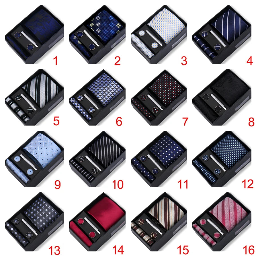 Ties Gift Box Brand Design Top Quality Jacquard Necktie Hanky Cufflink Set Tie Clip For Men Gravatas Business Wedding