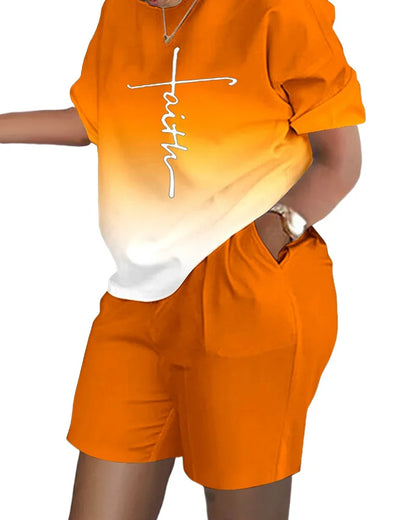 Casual Loose Short Sleeve Tshirt Shorts Set Office Lady Summer Fashion O-neck Colorful Print Two Piece Set Women Outfit 2023