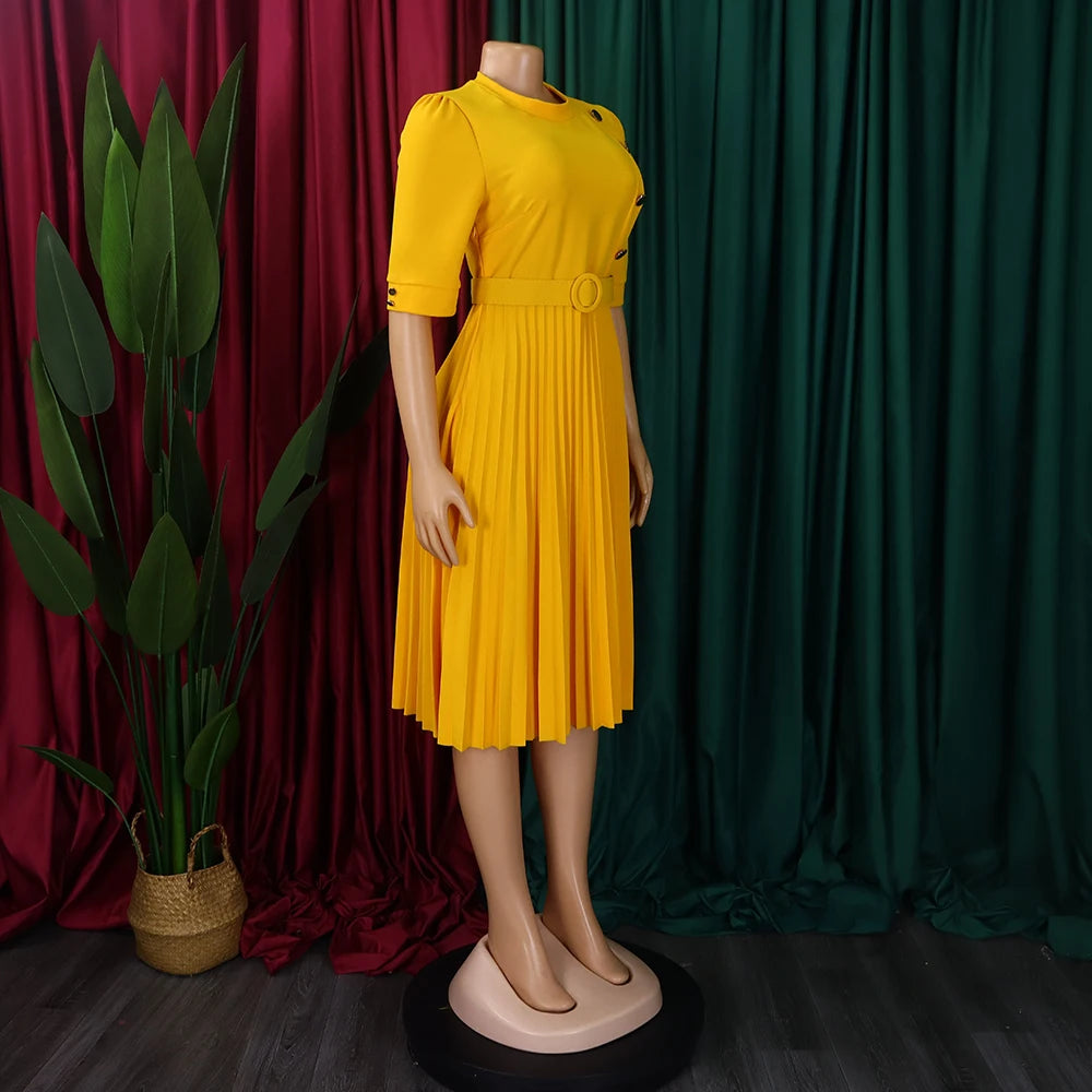Elegant Office Pleated Dresses for Woman 2024 O Neck Buttons Belt Waisted Mid Calf Fashion Female Business Work Wear Dress Midi