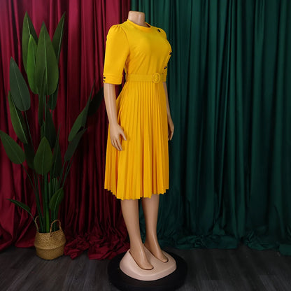 Elegant Office Pleated Dresses for Woman 2024 O Neck Buttons Belt Waisted Mid Calf Fashion Female Business Work Wear Dress Midi