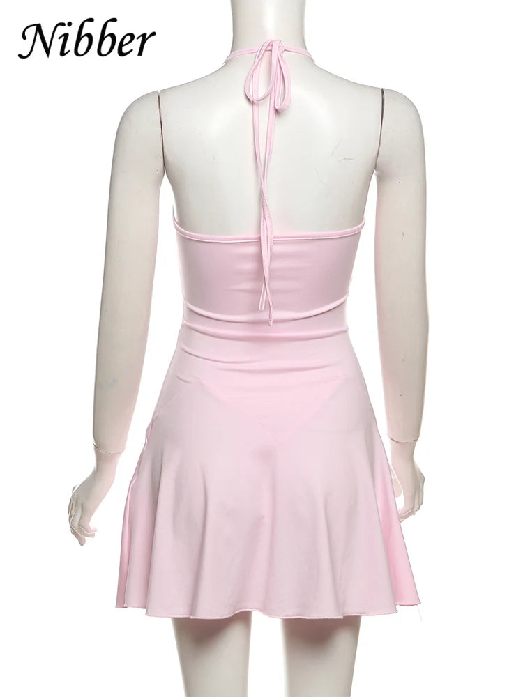 Nibber Halter Ruffles V-Neck Dress Women Backless Elegant Sexy Summer Fashion V-Neck Solid Birthday Party Clubwear Mini Bodycon