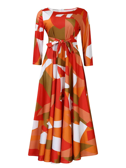 Women's 2024 Autumn New Style Fashionable Elegant Temperament Fashionable Printed Strap Waist Large Skirt Large Size Dress
