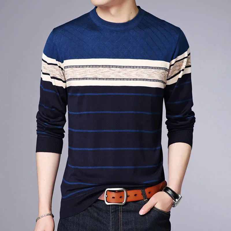 Men's New Fashionable Striped Knitted Shirt Long Sleeved Comfortable All Season Base Shirt Casual Top