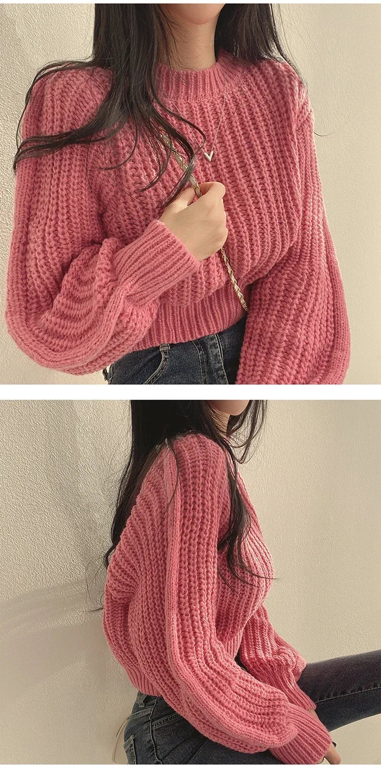 Pink Cropped Knitted Sweaters for Women 2024 Korean Fashion Loose Long Sleeve Jersey Woman Solid Color Wild Round Neck Pullover