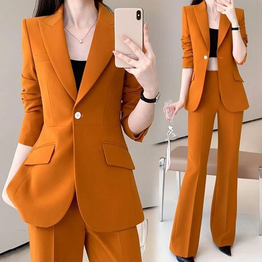 Spring Autumn Women Fashion Orange Blazer Pants Two Piece Set Office Lady New Bussiness Coats Trousers Suits Workwear Outfits