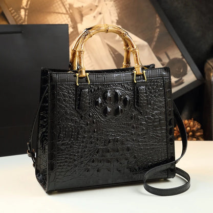Crocodile Pattern Leather Women's Handbags Bamboo Handle Portable Tote Bag Mom Tide Shoulder Messenger Bags 2025 New Fashion