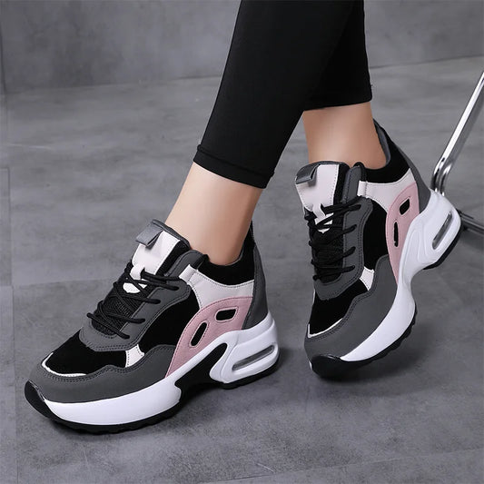 Women Air Cushion Sneakers Mix Color Height Increase Elevator Shoes Outdoor Wedge Platform High Heels Lace-up Walking Shoes