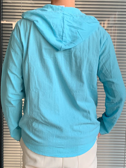 Summer Men's Linen Shirt Solid Streetwear Long Sleeve Hoodie Cardigan Clothing For Men Button Tops Casual Loose Men Hooded Shirt