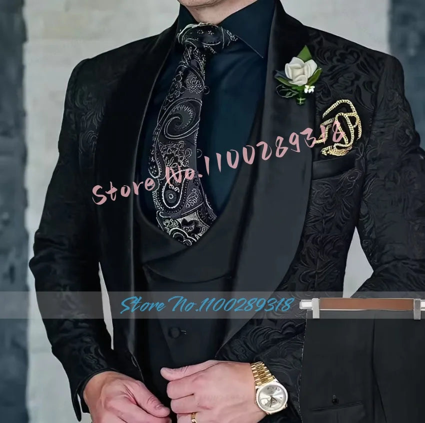 Jacquard Men's 3-piece Suit Set Formal Party Dress Groom Tuxedo High Quality Elegant Men Terno Masculino  Costume Homme Mariage