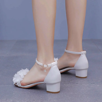 Flower Band Bridesmaide Shoes Woman Wedding High Heels Sandals Ankle Strap Wedges Cover Heeled Tacones Ladies Office Dress Pumps