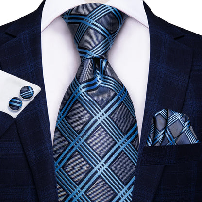 Hi-Tie Designer Silk Wedding Tie For Men Blue White Plaid Handky Cufflink Set Fashion Necktie For Men Business Party Wholesale
