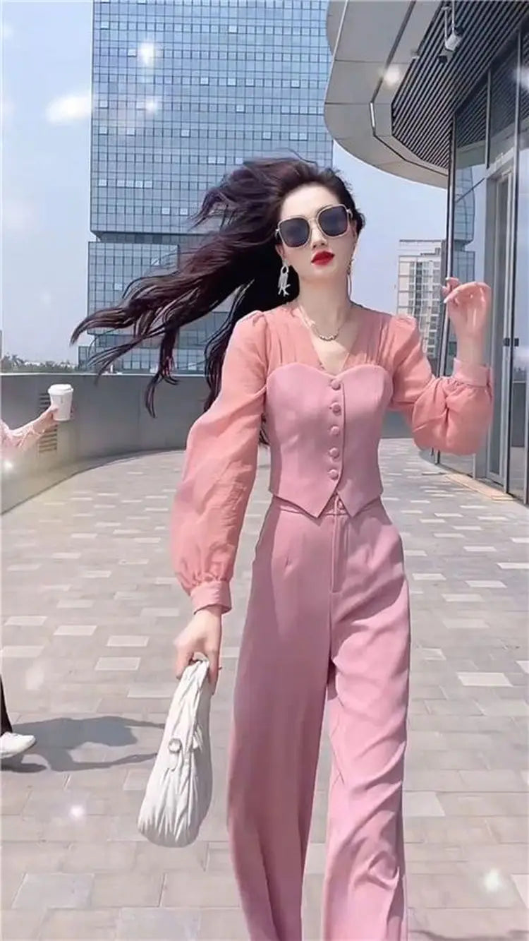 Women's Two Piece Set 2023 Spring/Summer New Casual Celebrity Top Drop Wide Leg Pants Set Women's Summer Trend