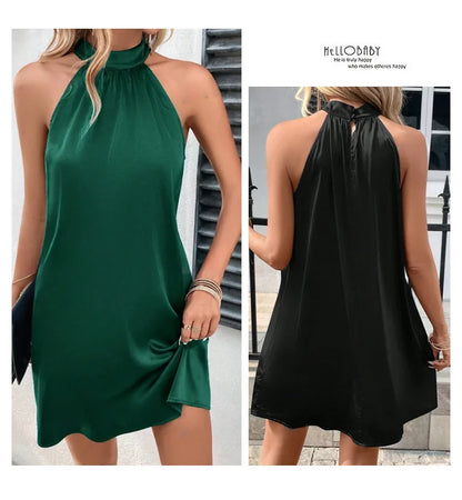 Sleeveless Dress, Satin Satin Neck Mid-length Dress  Vestidos Para Mujer Dress Women Short Dresses Vestidos De Mujer Casuales