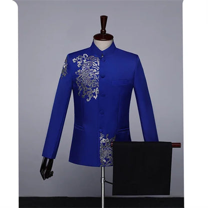 New Men Standing Collar Embroidered Suit 2 Piece Fashion Male Business Social Wedding Prom Stage Performance Dress Blazer Pant