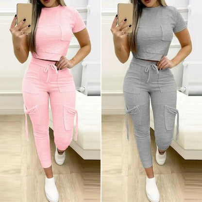 2Pcs/Set Top Pants Set Breathable Sports Outfit Pockets Ladies Sport Outfit Summer Loungewear Suit Trendy Streetwear