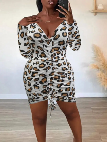 L-5XL LW Plus Size Elegant Off The Shoulder Leopard Print Mid Calf Dress Spring Summer Bateau Neck Ruched Bodycon Dresses