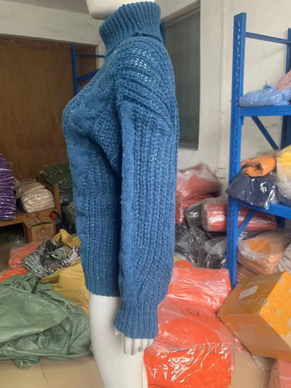 Women Knit Sweaters Full Sleeve Turtleneck Pullover Jumpers Casual Solid Sweater Thick Splice Lady Vintage Winter 2024