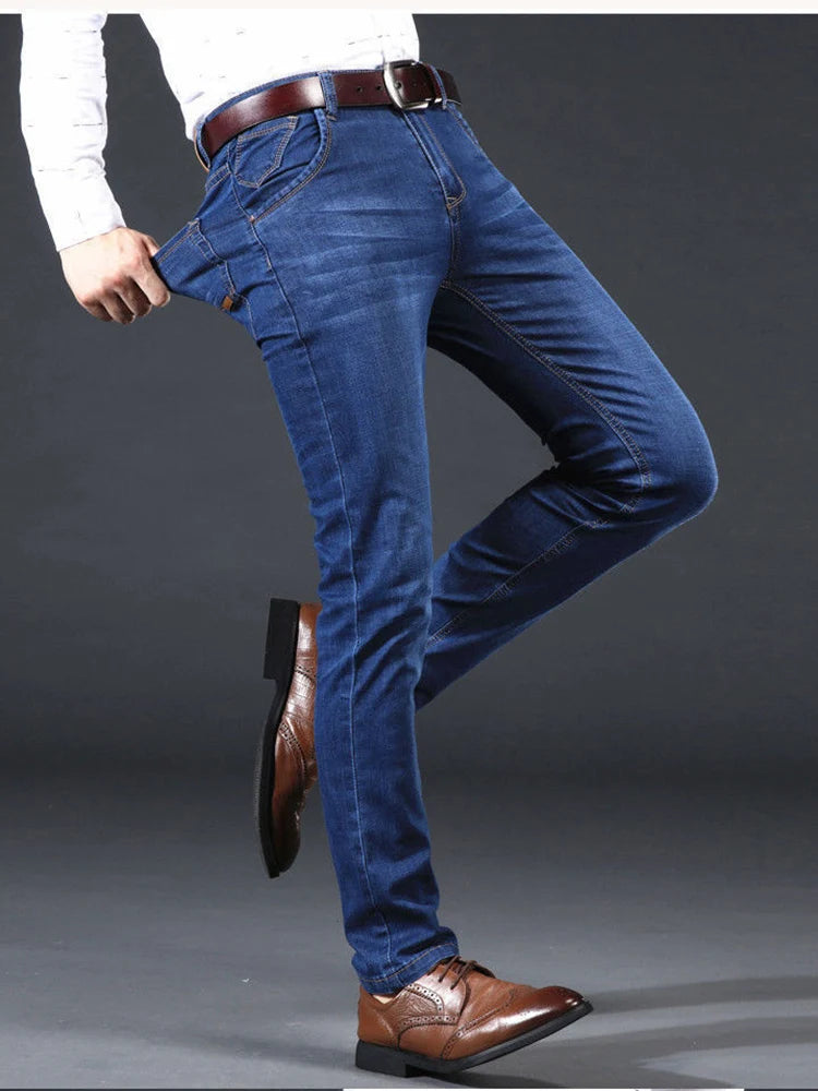 New Men Light Luxury Stretch Slim Fit Pants Comfortable Soft Business Fashion Straight Casual Denim Trousers Male Brand Clothing