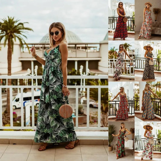 Spring Summer Elegant Women Corset Bohemian Dress Sexy New 2024 Fashion Strap V Neck High Waist Print Long Vacation Dress