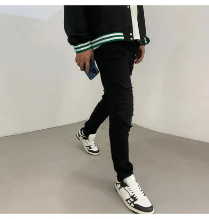 High street fashion new men's black jeans stretch slim fit retro washed leather patch jeans hip-hop brand designer pants Hombre