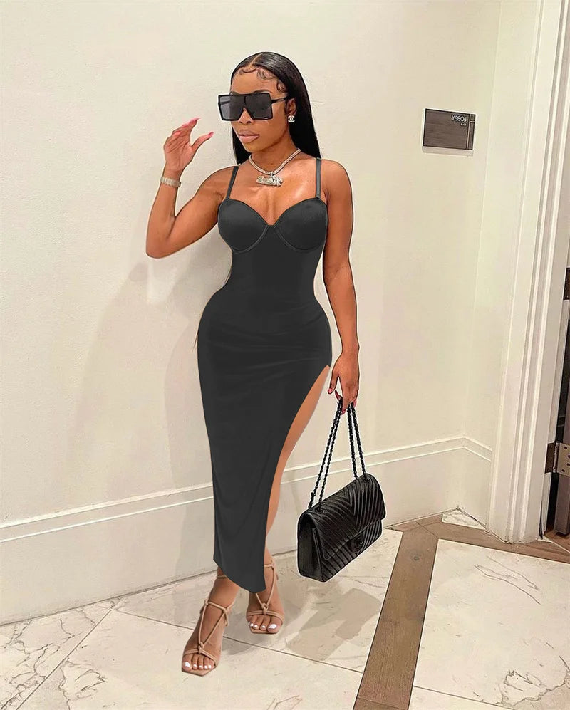 Sexy Side Cut Out Night Party Dresses Women Spaghetti Strap V-neck Backless Slim Bodycon Maxi Dress Elegant Birthday Prom Dress