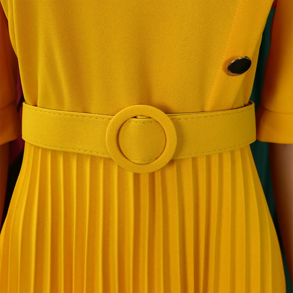 Elegant Office Pleated Dresses for Woman 2024 O Neck Buttons Belt Waisted Mid Calf Fashion Female Business Work Wear Dress Midi