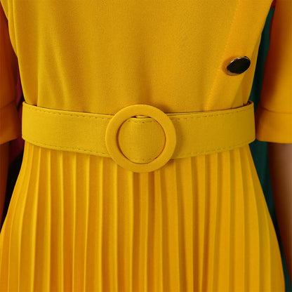 Elegant Office Pleated Dresses for Woman 2024 O Neck Buttons Belt Waisted Mid Calf Fashion Female Business Work Wear Dress Midi