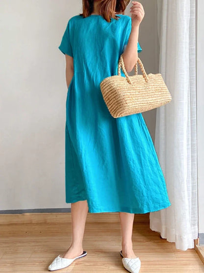 New in Spring Summer Women's Dress Elegant Casual Loose Short Sleeve Tops A-LINE Oversize Solid Midi Dresses for Women Clothing