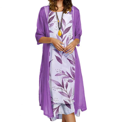 Female 1 Set Stylish Vintage Round Neck Dress Two-Piece Ladies Dress Set Floral Print   for Party