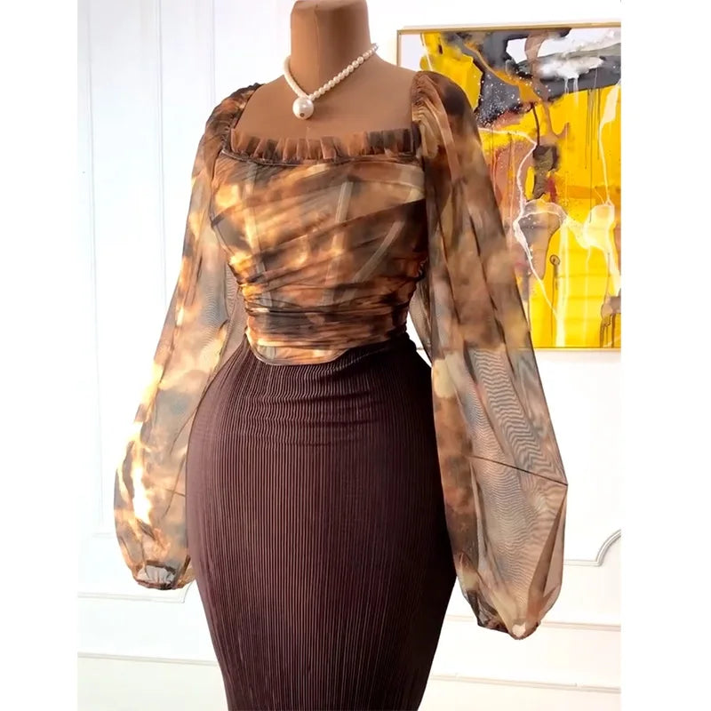 CM.YAYA Fashion Elegant Mesh Printed Women Set Street Tops + High Waist Long Skirts Suits Party Birthday Two 2 Piece Sets Dress