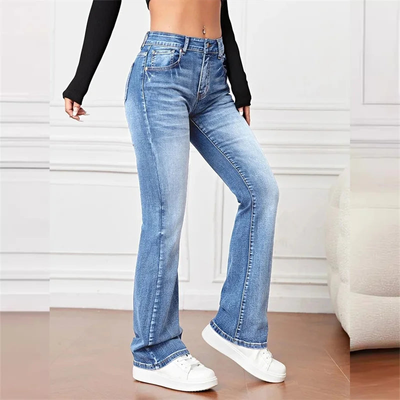 Women New Casual Micro Flares Jeans Vintage Mid Waist Button Splice Denim Pants Female Office Commuter Trousers Trend Streetwear