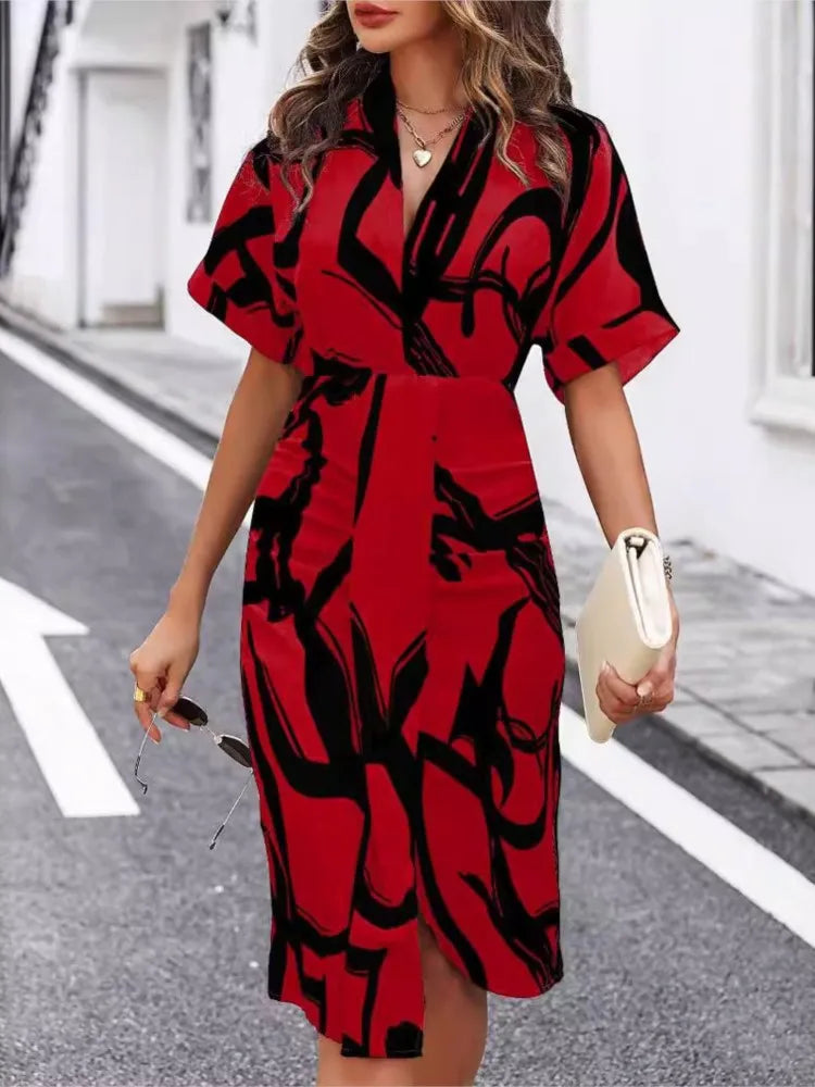 Summer Fashion Patterns Printed Short Sleeve Midi Dress Elegant Women's V Neck High Waist Slim Fit Irregulare Split Dresses Robe