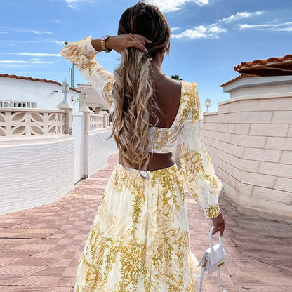 Spring New Long Dress Fashion Print Sexy Deep V-neck Long Sleeved Dress Women's Elegant Hollow Out Ruffle Spliced Maxi Dress