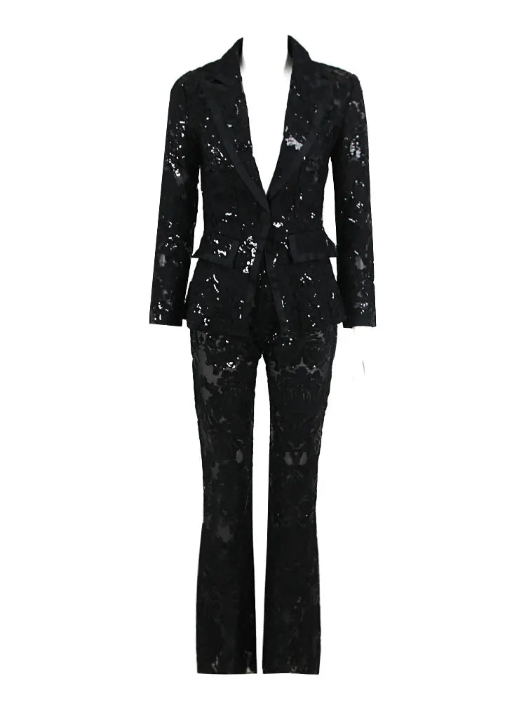 Sexy Autumn Women's Sequin Perspective Suit Pants Set with Polo Collar Long Sleeve Slim Fit Suit Coat+Flare Pants Two Piece Set