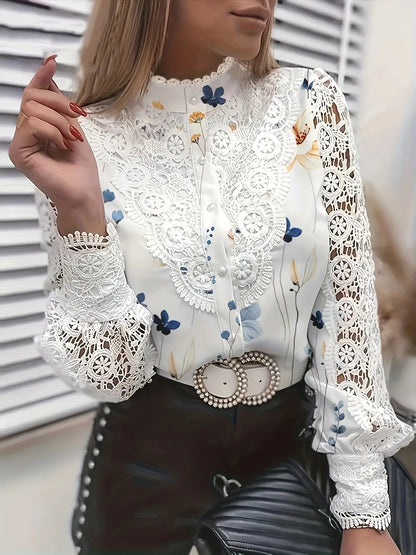 Fashion Vintage White Lace Long Sleeve Women Shirts 2024 Autumn Buttons Floral Print Tops And Blouses Womens Top Femme Shirt