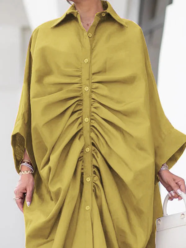 Freeacy Women's Personalized Dresses 2025 Spring Fashion Solid Color Pleated Shirt Dress Long Sleeves Loose Fit Party Dress