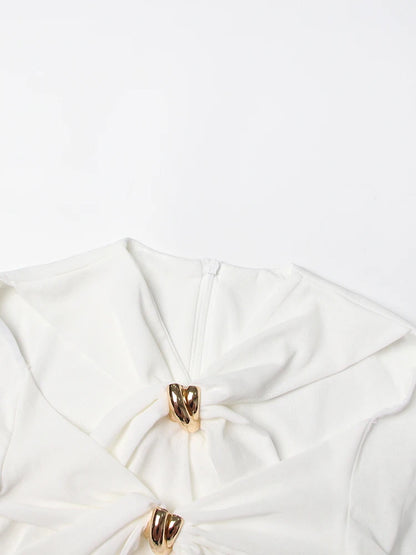TWOTWINSTYLE Knitting White Dresses For Women V Neck Long Sleeve High Waist Hollow Out Slim Dress Female Summer 2023 Clothing