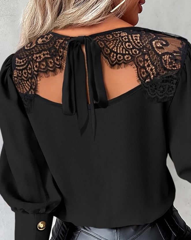 Female Clothing T-Shirts Pullover Tops Sexy Eyelash Lace Patch Tied Detail Top 2023 Autumn Winter Spring New Fashion Casual