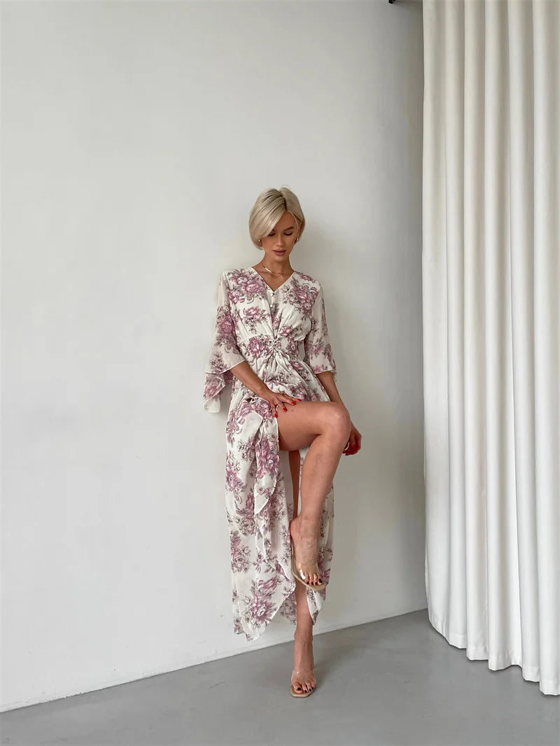 Elegant Bodycon Chiffon Maxi Dress Women Bandage Sexy Side Slit Beach Dress White Pink Floral Summer Long Dresses For Women 2024
