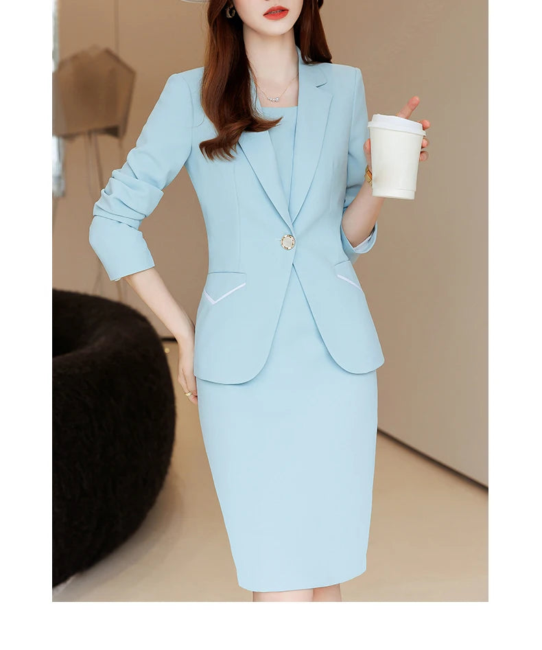 Yitimuceng Women Elegant Office Dress Set Slim Fit Fashionable Monochromatic Single Button New 2 Pcs Set