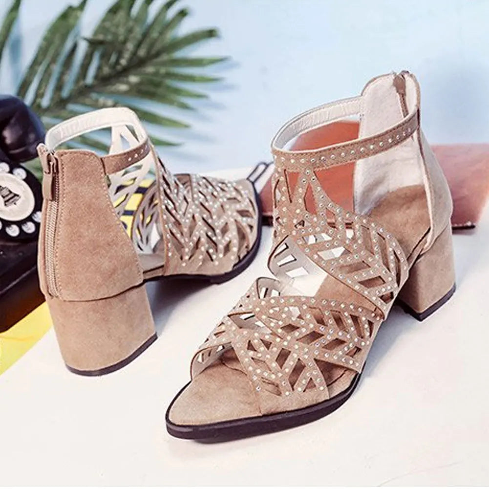 2022 New Style Women Summer Hollow Out Faux Leather Rhinestones Thick Heel Zipper Sandals Shoes Eur 35-41