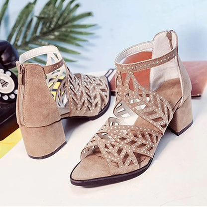 2022 New Style Women Summer Hollow Out Faux Leather Rhinestones Thick Heel Zipper Sandals Shoes Eur 35-41