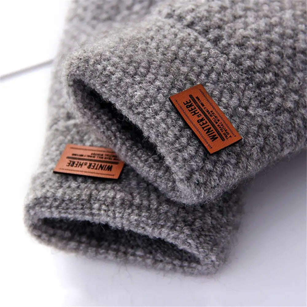 Winter Fingerless Gloves For Men Half Finger Writting Office Knitted Alpaca Wool Warm Leather Label Thick Elastic Driving Gloves