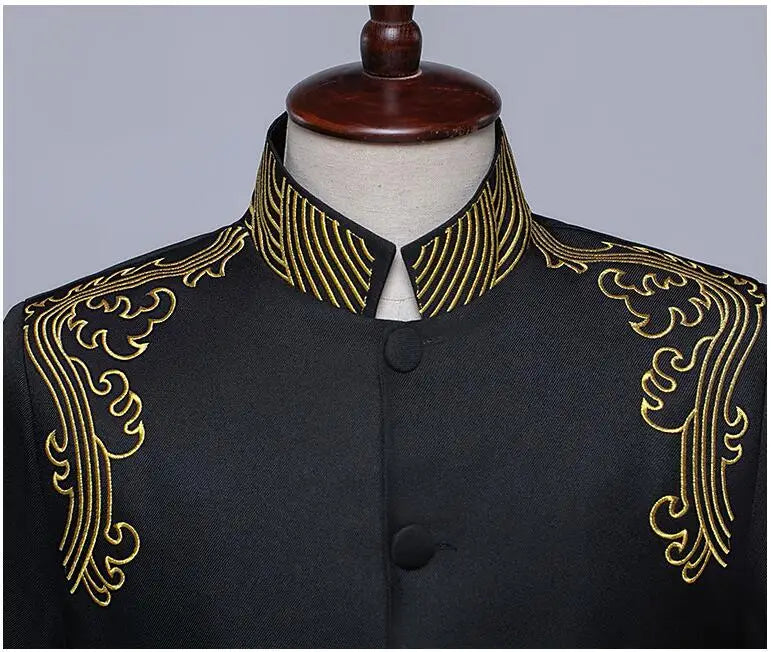 New Men Standing Collar Embroidered Suit 2 Piece Fashion Male Business Social Wedding Prom Stage Performance Dress Blazer Pant