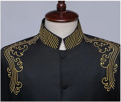 New Men Standing Collar Embroidered Suit 2 Piece Fashion Male Business Social Wedding Prom Stage Performance Dress Blazer Pant